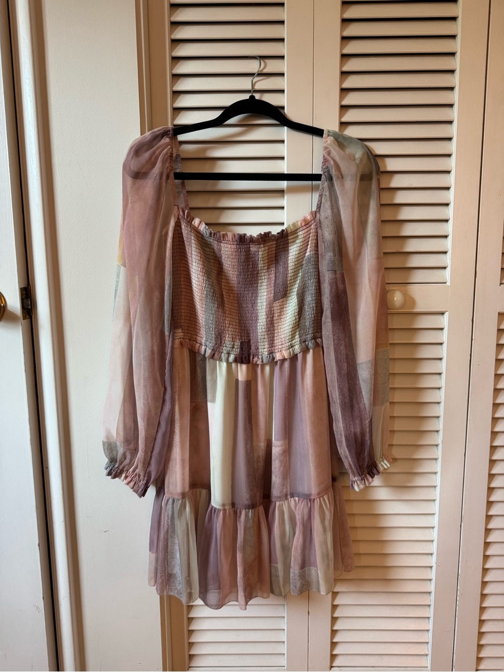 Wilfred by Aritzia Sheer Pastel Patchwork Smocked Mini Dress Size Small
